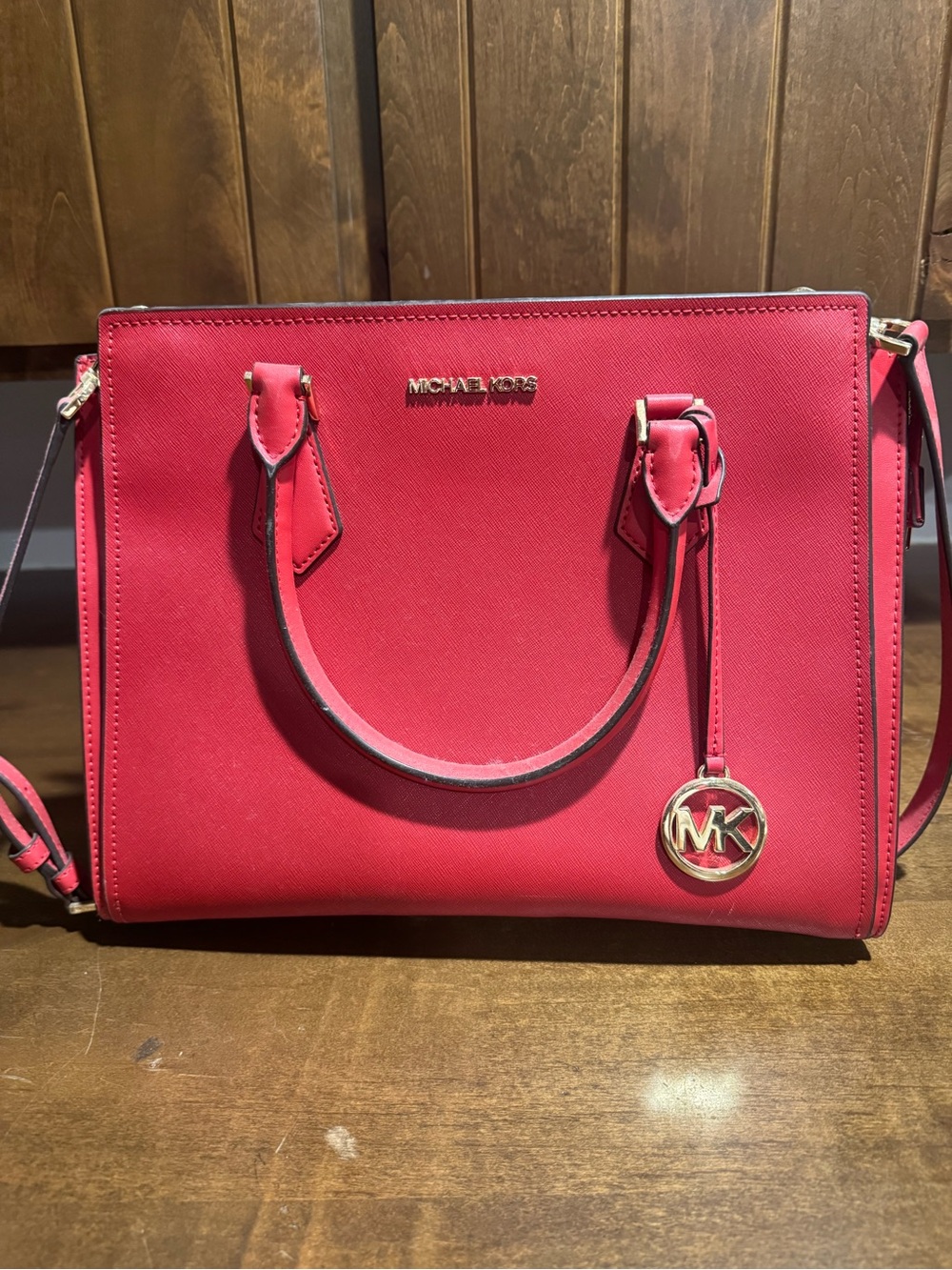 Michael Kors Red Saffiano Leather Satchel with MK Charm